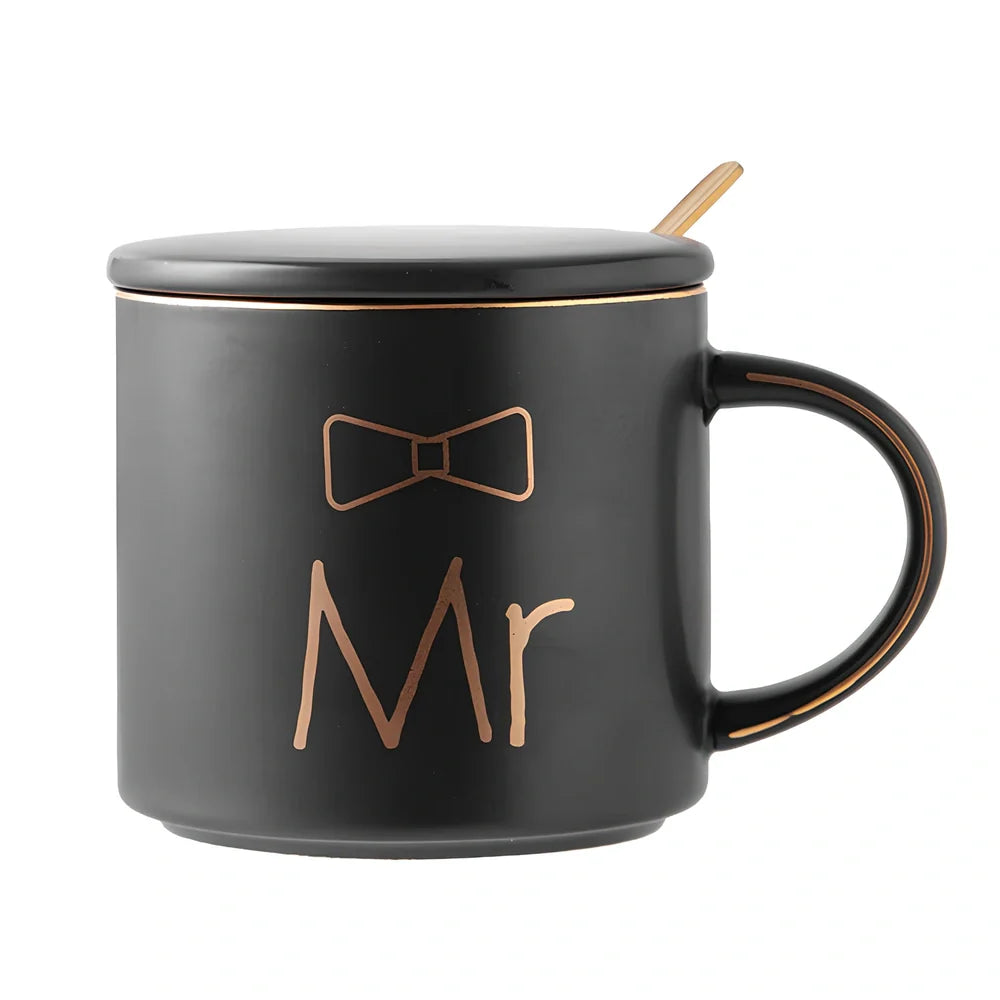 White ceramic mug with matte glaze and high-temperature decal design, matching lid, 450ml capacity