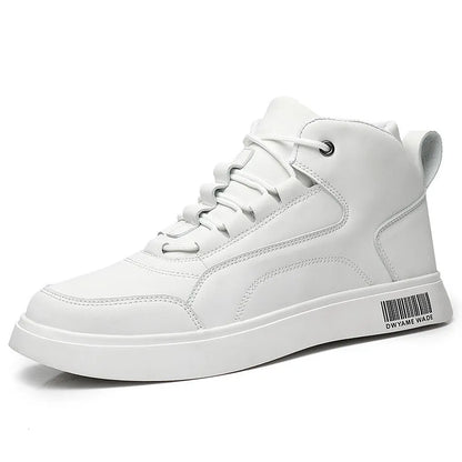White mid-top sports board shoes for men with round toe, flat 1-3cm heel, and rubber sole