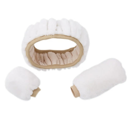 Plush winter car steering wheel cover set in six colours with matching brake and gear lever covers.