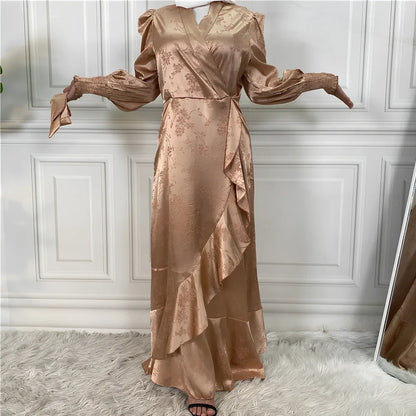 Women's patchwork Muslim dress with satin printing in green, black, pink, gold, or apricot colours