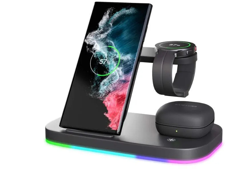 Vertical 3-in-1 wireless charging stand for mobile phone, smartwatch, and headphones