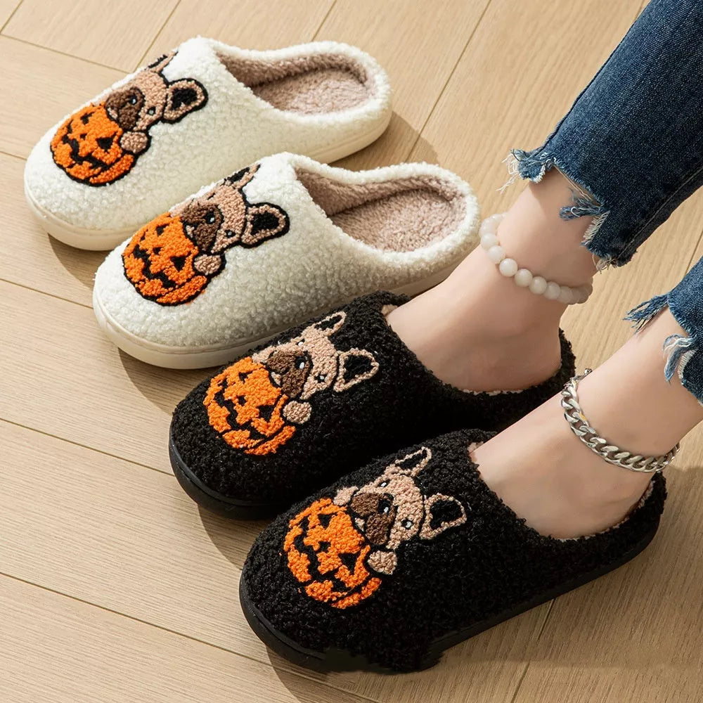 Halloween Pumpkin House Slippers in white and black with non-slip soles