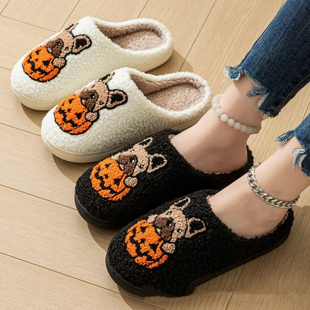 Halloween pumpkin house pattern slippers with non-slip rubber soles in black and white colour options