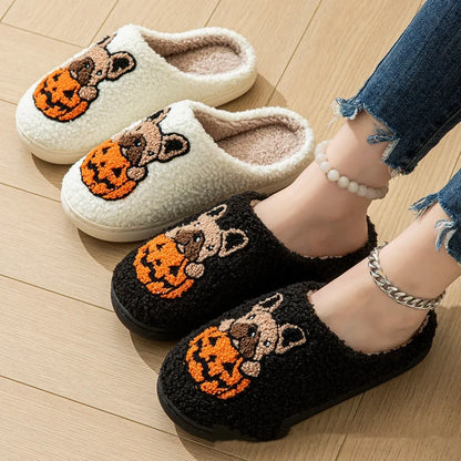 Halloween pumpkin house pattern slippers with non-slip rubber soles in black and white colour options