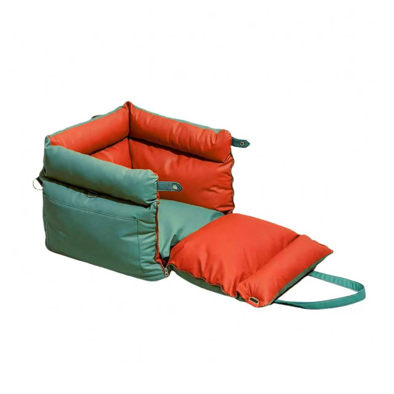 Green waterproof dog car nest with a removable cover, shown placed in a vehicle boot.
