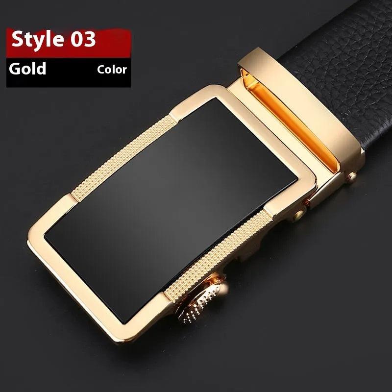 Men's leather belt with automatic alloy buckle in gold, gun black, or silver colour