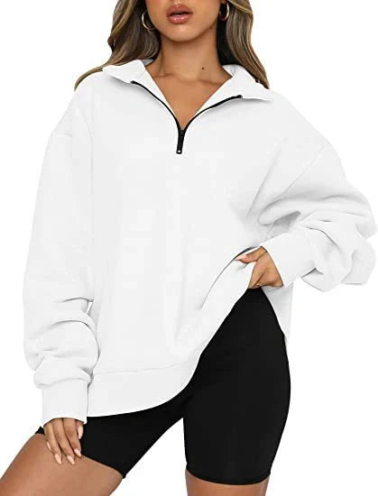 Women's zip turndown collar sweatshirt in various colors, showcasing loose fit and zipper detail.
