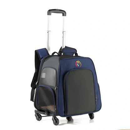 Dark blue pet backpack with mesh ventilation panels showing 33.7L capacity and adjustable shoulder straps