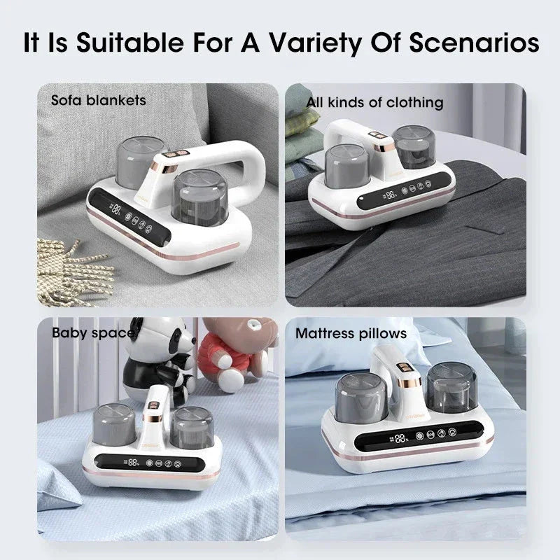 Cordless mattress vacuum cleaner with powerful suction, UV sterilization, and lightweight design for deep cleaning bedding and eliminating dust mites and allergens.
