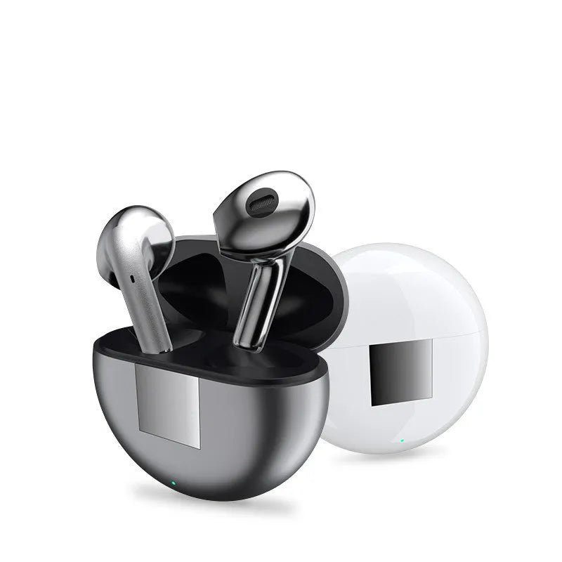 White Wireless Budz5 semi-in-ear Bluetooth headset with charging compartment, showing V5.1 technology and 24-hour battery life