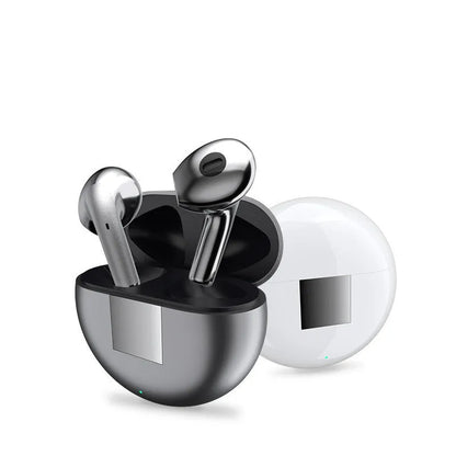 White Wireless Budz5 semi-in-ear Bluetooth headset with charging compartment, showing V5.1 technology and 24-hour battery life