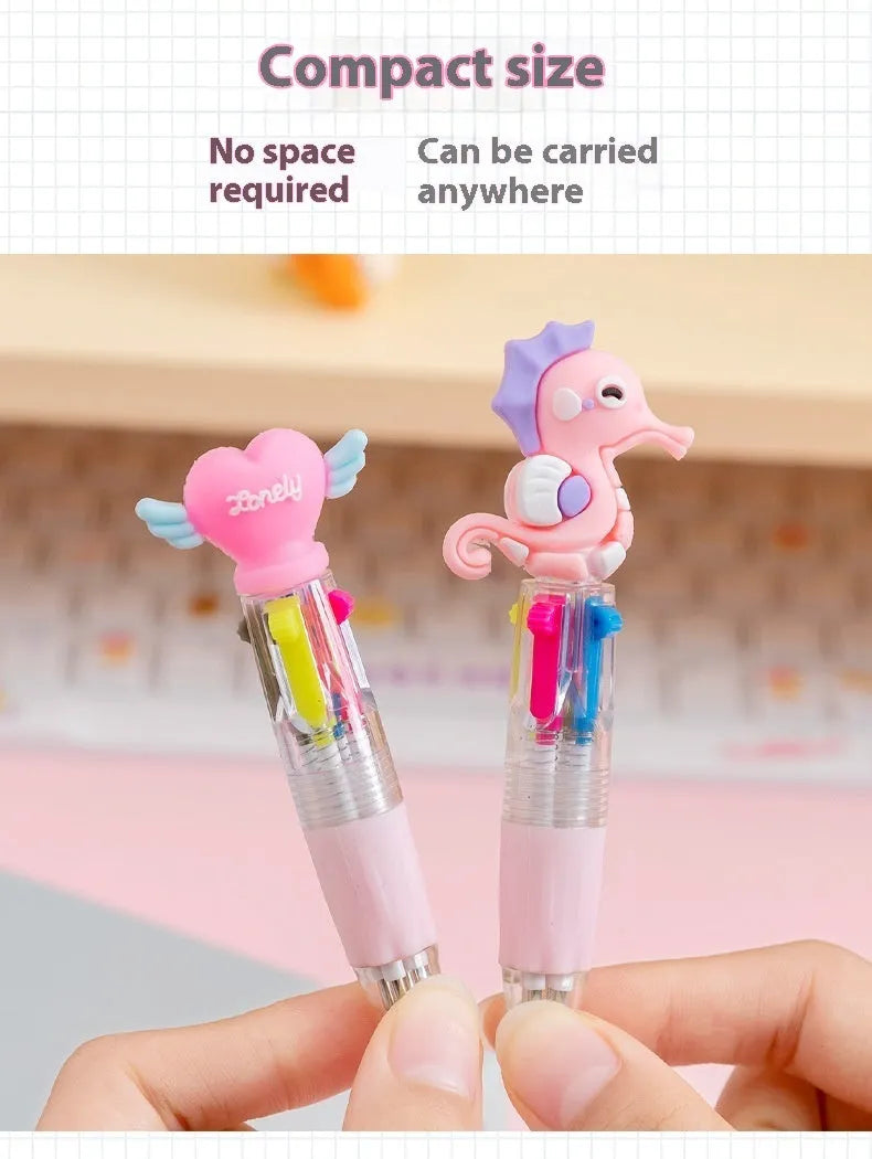 Cartoon-themed four-colour press ballpoint pen with 0.7mm tip showing random design selection