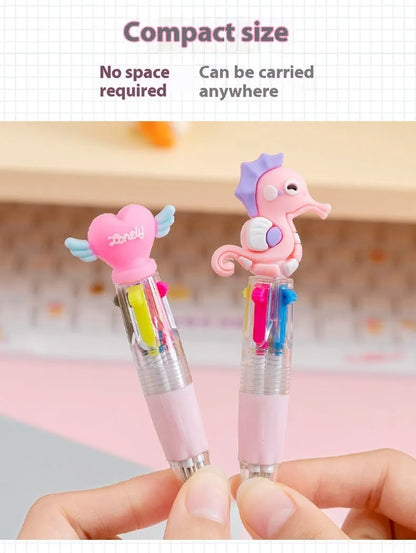 Cartoon-themed four-colour press ballpoint pen with 0.7mm tip showing random design selection