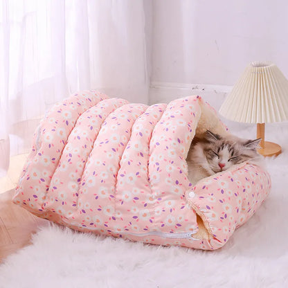 Closed winter cat nest with floral pattern, showing removable design and soft cloth fabric.