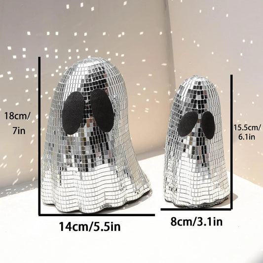 Silver glass Halloween ghost decoration with mosaic mirror patches, showing bionic design details and inlay surface technology