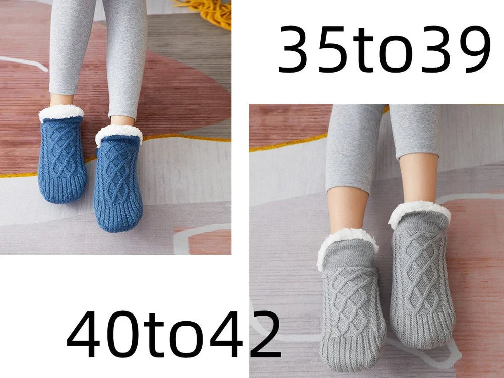 Winter woolen socks with V-opening design and anti-slip dots on soles in navy blue colour