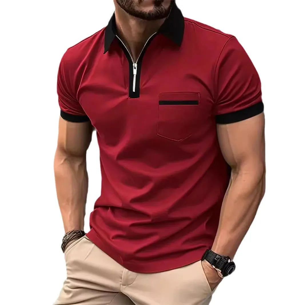 Men's short sleeve casual shirt with chest pocket zipper decoration in multiple colour combinations