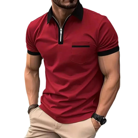 Men's short sleeve casual shirt with chest pocket zipper decoration in multiple colour combinations