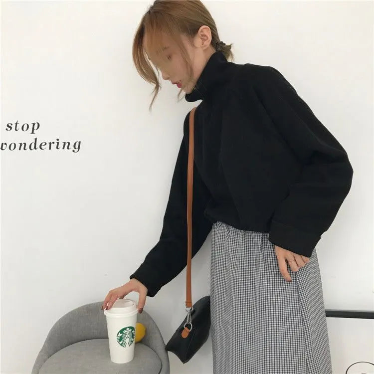 Women's pure colour half-high collar long sleeves top in loose fit, available sizes S to 3XL