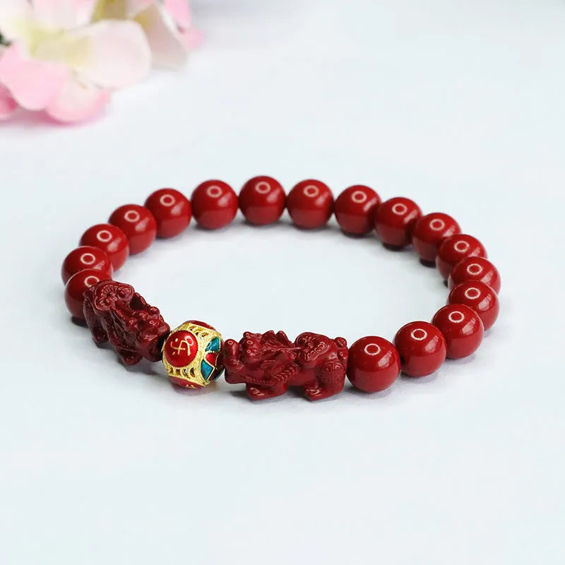 Cinnabar double Pixiu women's bracelet, 8mm purple gold sand colour carving, Chinese national style animal zodiac jewellery for women safe and happy accessory.