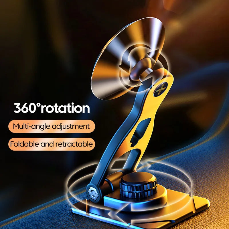 Black telescopic folding magnetic car phone holder extended on a car dashboard, holding a mobile phone.