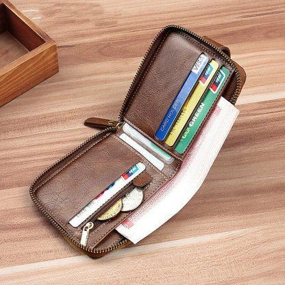Men's short style 2-fold wallet in PU leather showing black, brown and light brown colour options