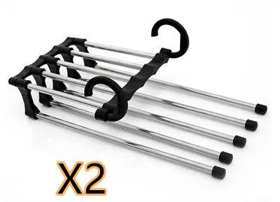 Five-boom stainless steel wardrobe hanger for trousers showing both level and vertical hanging methods