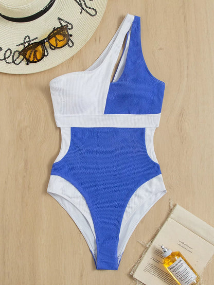 Ladies one piece swimsuit with blue and white colorblock design