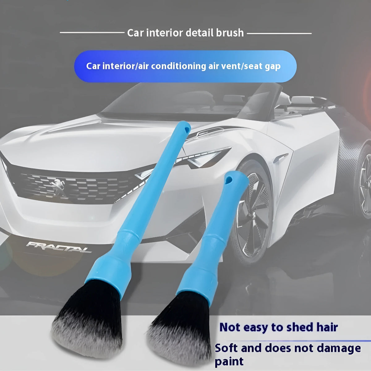 Soft nylon car detail brush with black blue or red handle for interior car cleaning and dashboard vent dust removal