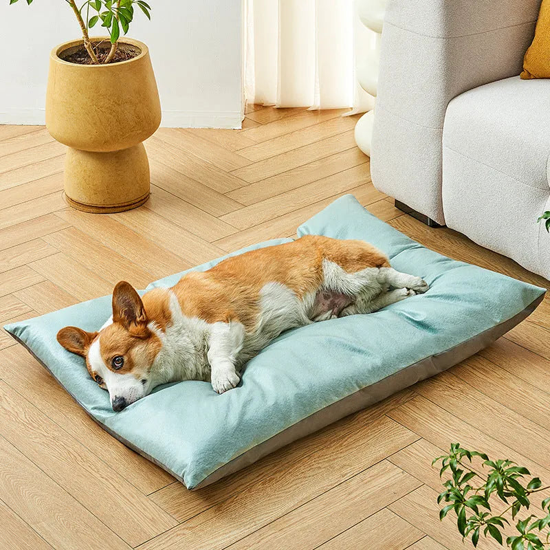 Summer cooling pet sleeping mat shown in blue colour with size options from S to XL