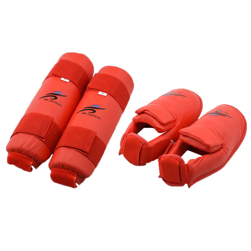 Red and blue karate protective gear set showing helmet, boxing gloves, and leg guard.