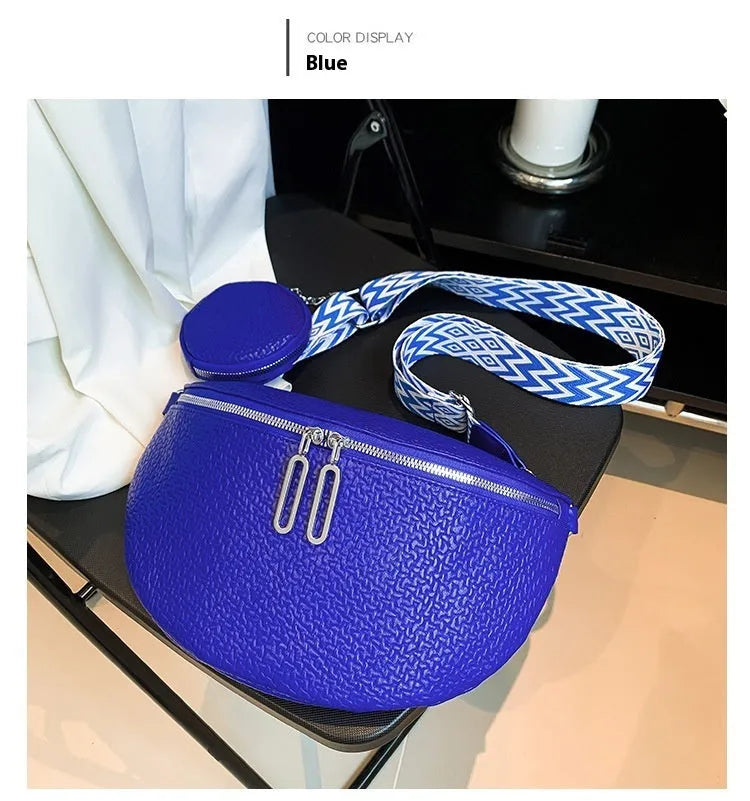 Women's solid colour PU crossbody bag with saddle lock zipper texture in clamshell design