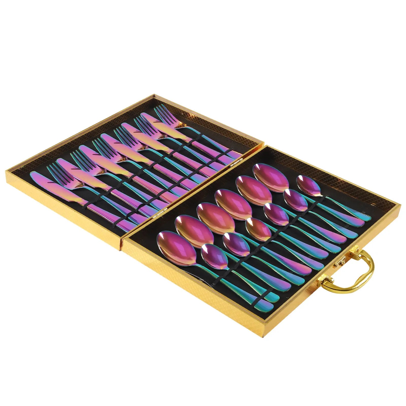 24-piece stainless steel cutlery set in gold, rose gold, black and colourful finishes.