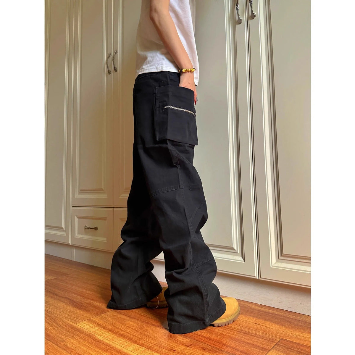 Double zipper workwear casual pants in green cotton fabric with pocket and elastic waist