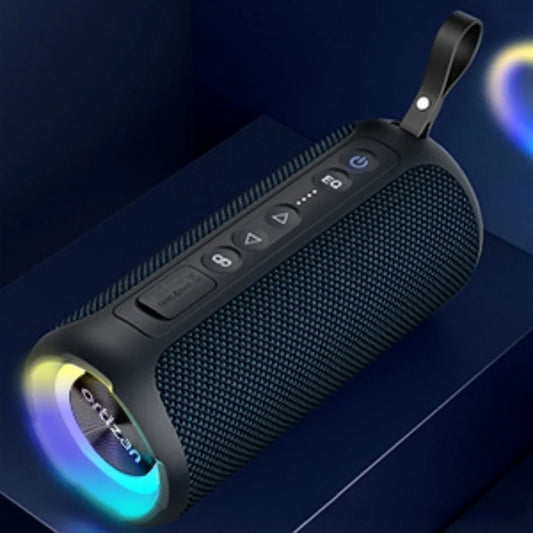 Black and blue fabric Bluetooth speaker with lighting effects, measuring 20cm width with waterproof construction