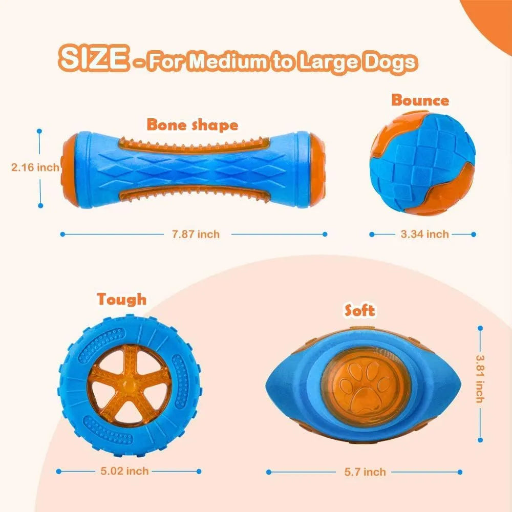 Three dog toys: blue ball, red barbell, and orange tire with bumpy textures for floating fetch games