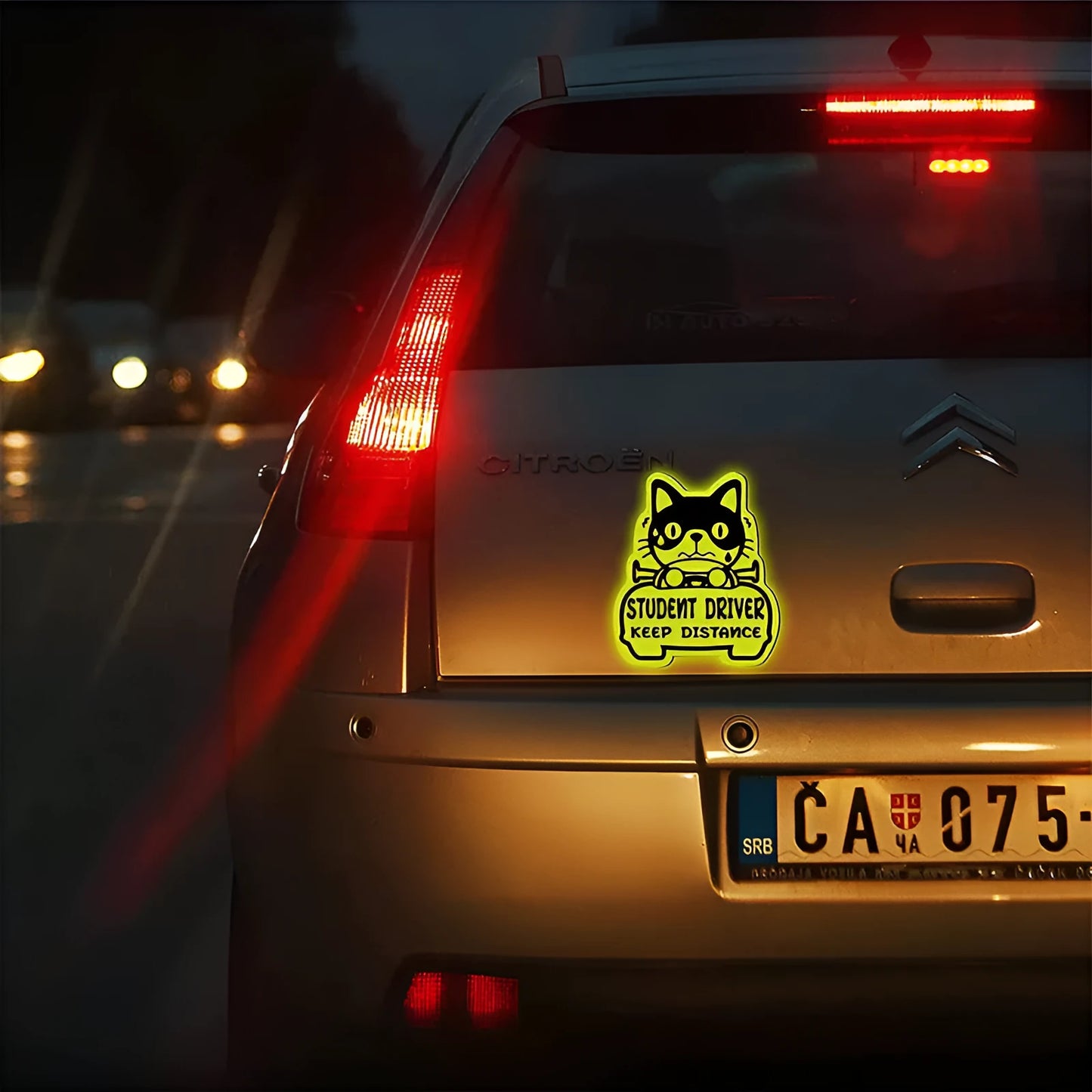 Three magnetic reflective stickers with cat, panda, and duck designs for waterproof outdoor applications