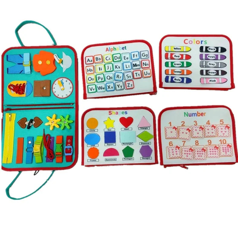Children's busy board with dressing and buttoning features for early learning