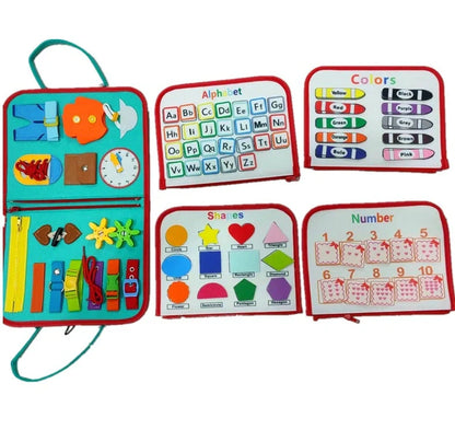 Children's busy board with dressing and buttoning features for early learning