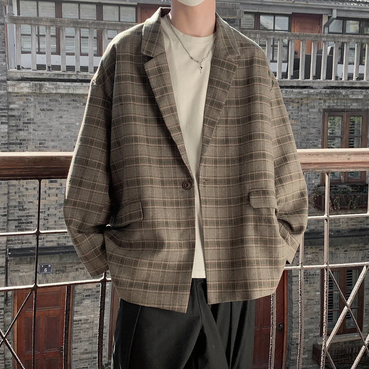 Men's retro plaid loose jacket in acetate fibre, sizes M to 4XL, casual outerwear