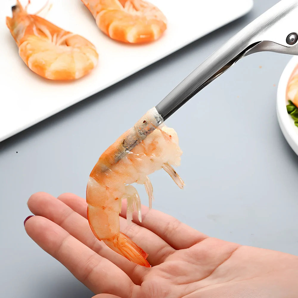 Stainless steel shrimp peeler with 21cm length and ergonomic handle for shell removal