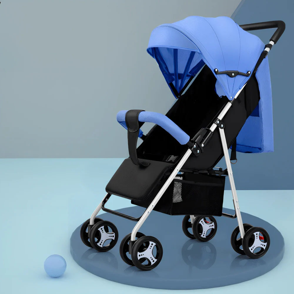 Lightweight folding baby stroller with adjustable awning and universal wheels in linen fabric