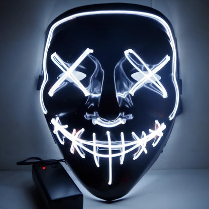 Black V-shaped electroluminescent Halloween mask glowing with uniform illumination, showing folding capability and plastic construction