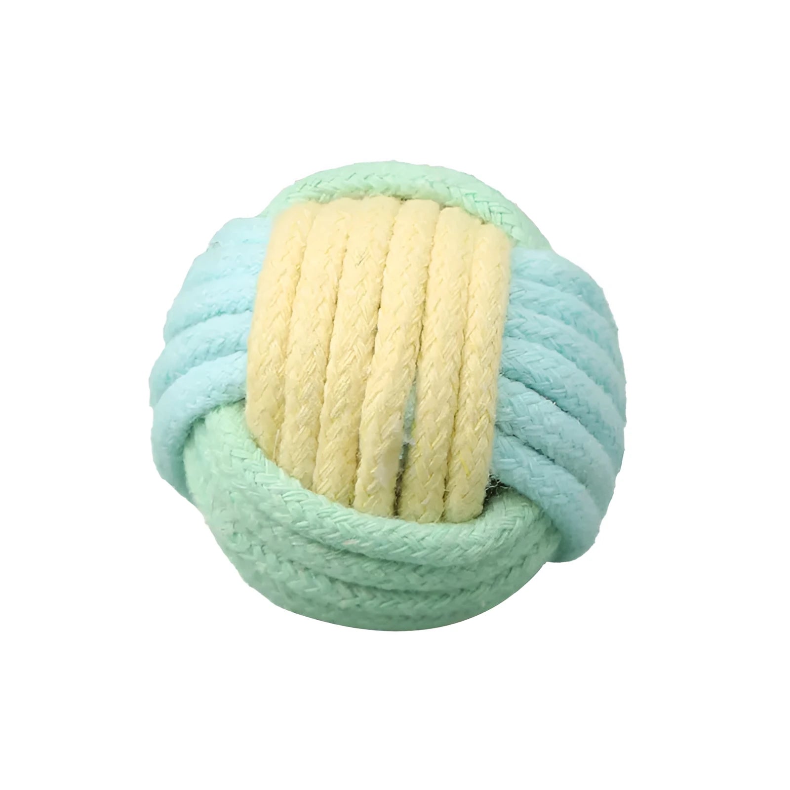 Handmade blue and pink cotton plush ball cat toy on a wooden floor