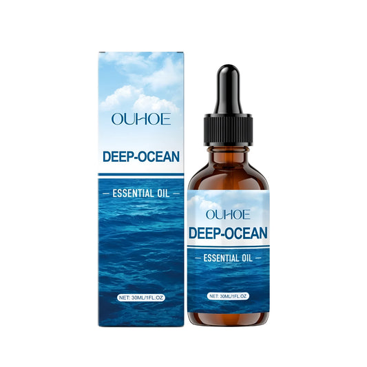 Deep-Ocean Essential Oil in a 30ml glass bottle with dropper, containing a blend of glycerin and grape seed oil