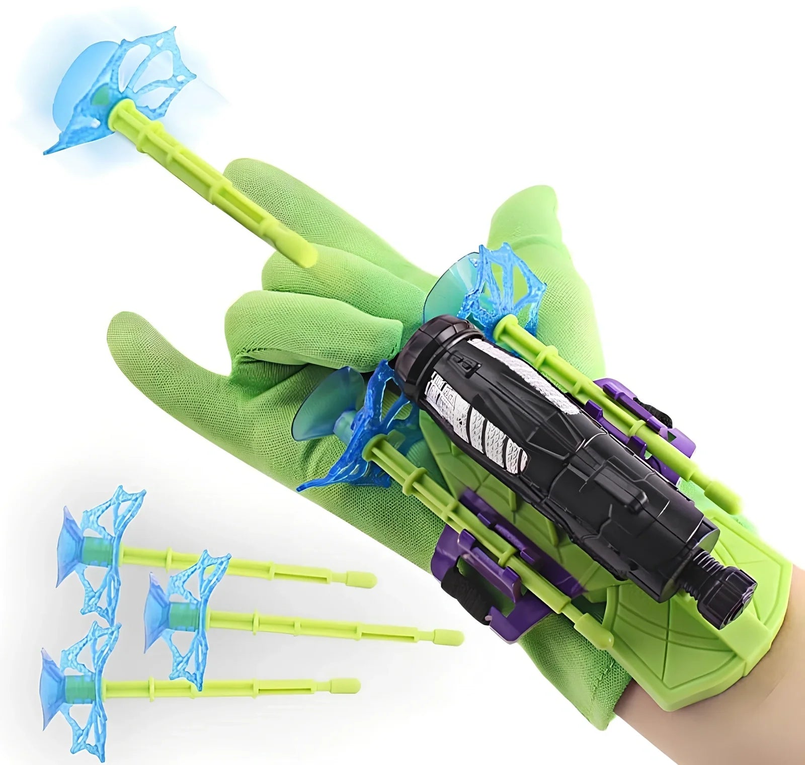 Green Spider Launcher wrist toy with transmitter and suction gloves on adjustable strap