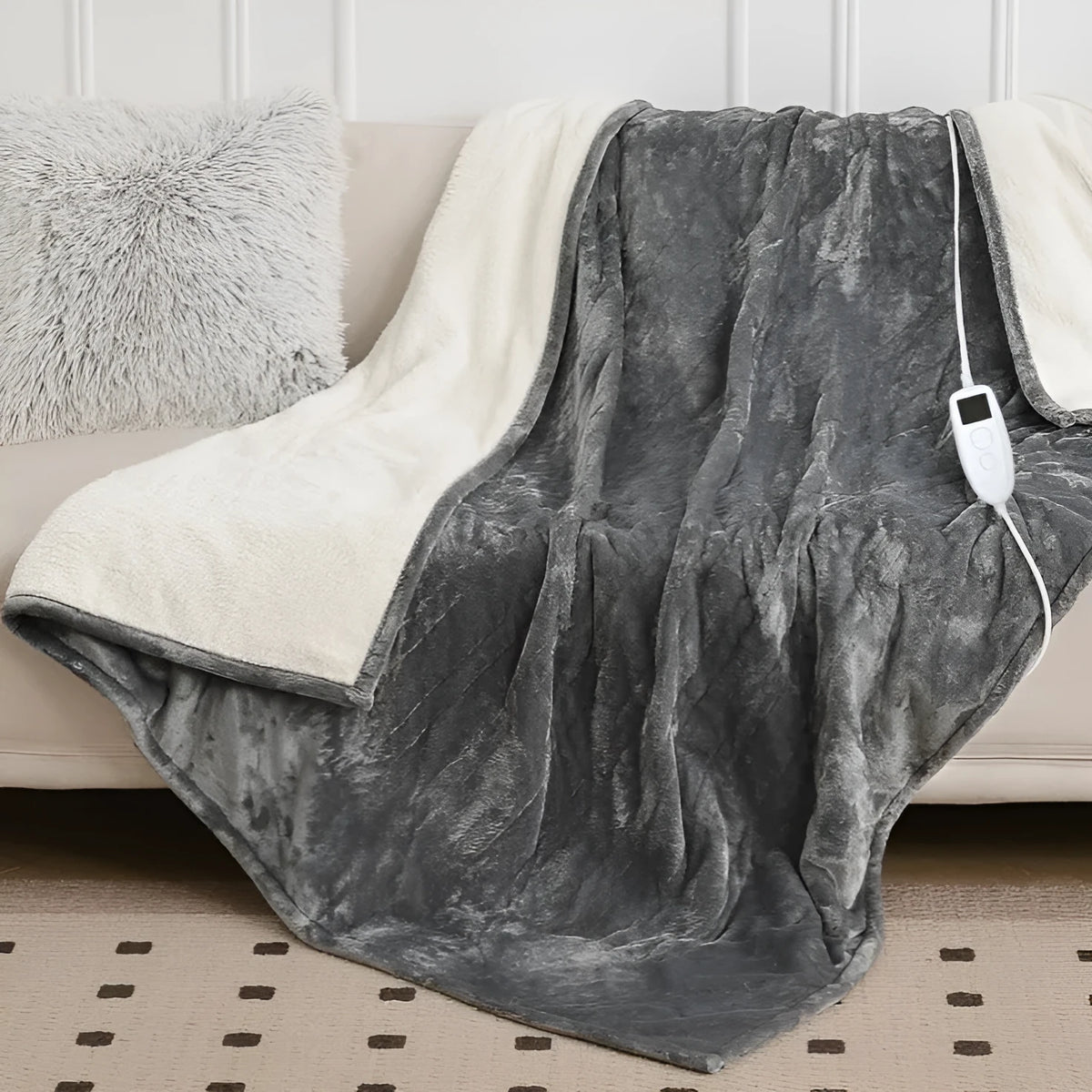 Light grey cotton electric heated blanket with adjustable temperature and hot compress function, available in three sizes.