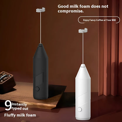 Mini handheld milk frother in black, white or khaki colour with stainless steel whisk and USB charging