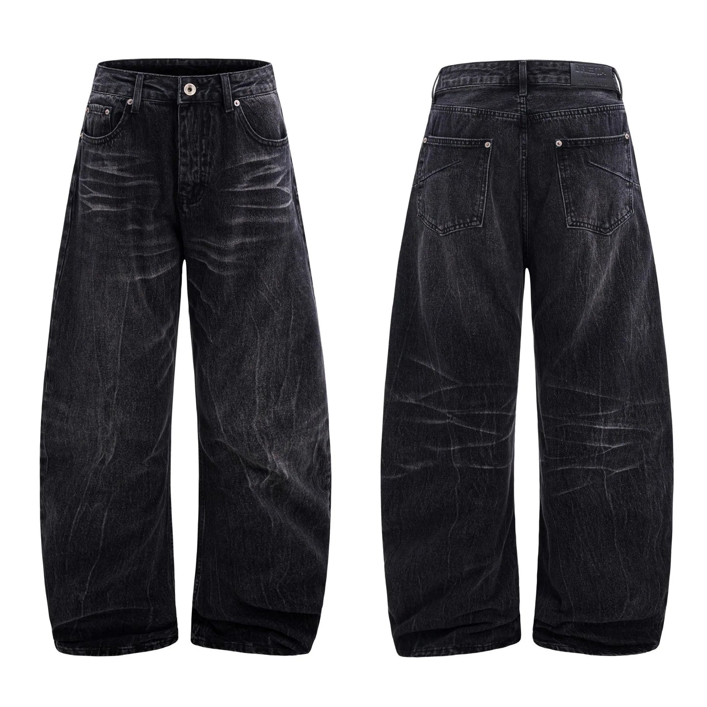Black men's straight-leg jeans with an American washed old lightning crack distressed pattern.