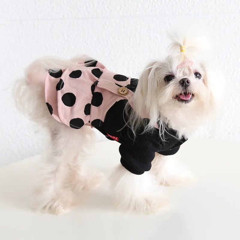 Casual lapel shoulder strap dog clothes in cloth material, showing four-legged and skirt style options.